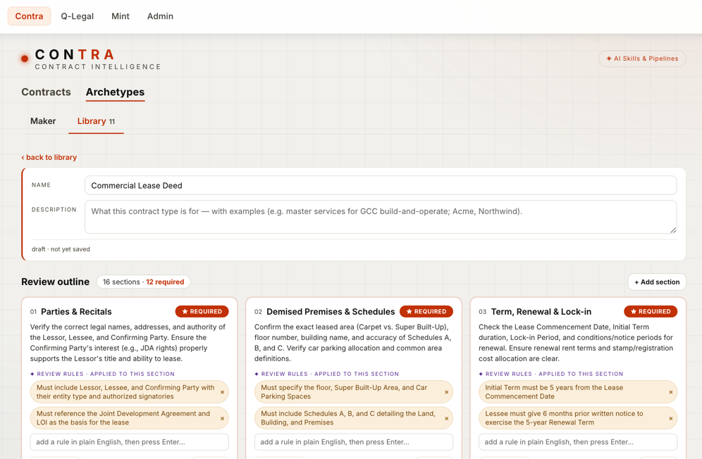 Contra — teach a contract type once, review every one after
