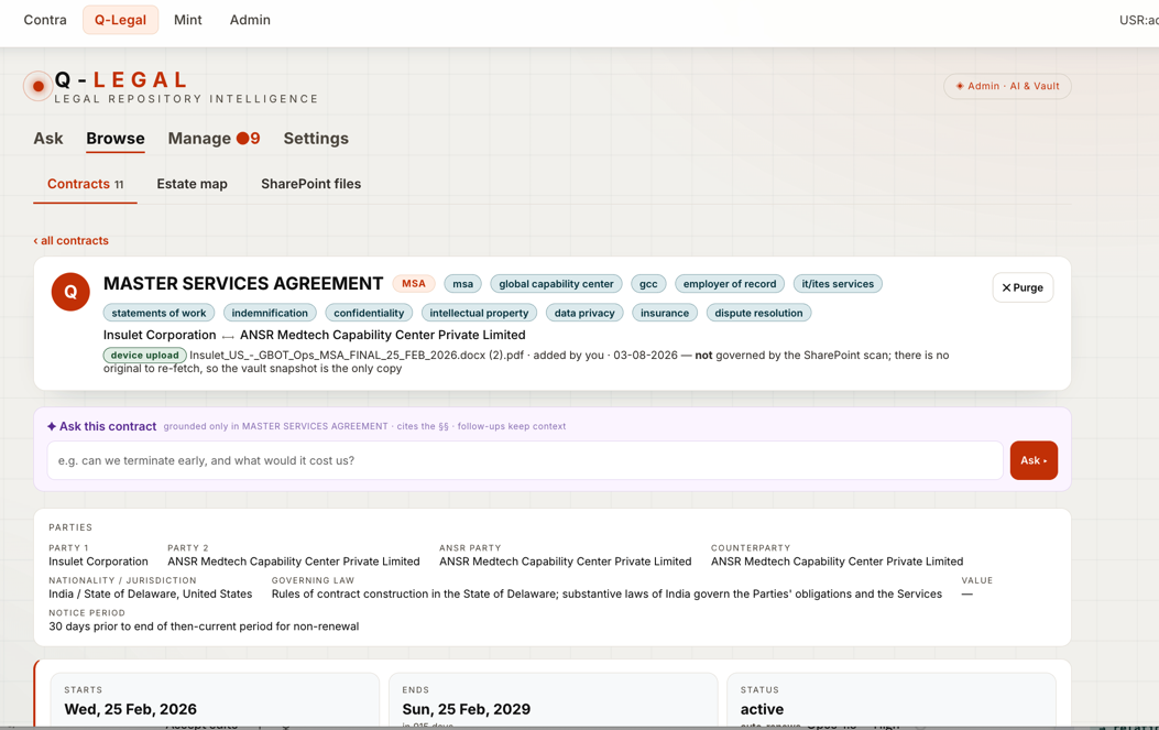 Q-Legal — contract intelligence with grounded Q&A