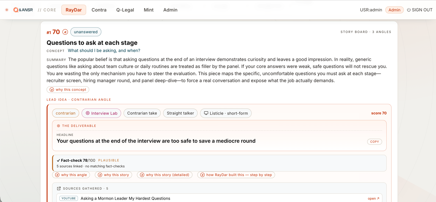 RayDar — ranked content ideas with fact-checked sources